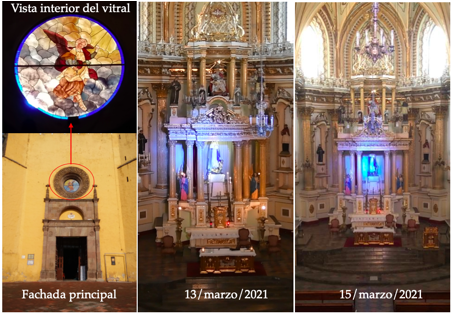 A la izquierda se muestra la fachada principal del templo de San Gabriel, indicando el vitral del rosetón del coro que produce un haz de luz en los días de alineación con la puesta solar. En el centro y derecha se muestran fotografías del altar principal del templo, cerca de la hora de la puesta de sol los días 13 y 15 de marzo de 2021, notándose un haz de luz azul. Fotos: A. Gómez, A. Dávila y A. Molero.